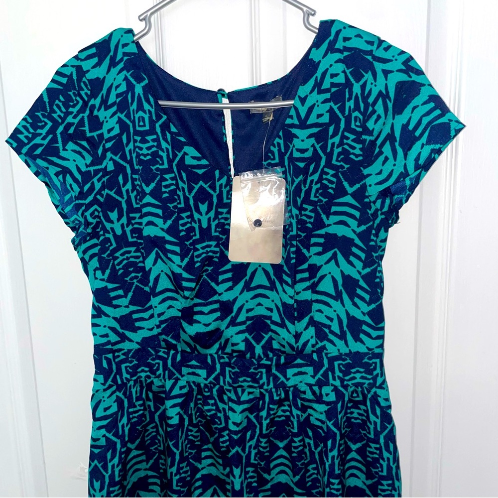 Lily Rose Navy Blue and Emerald Green Patterned Mini Sundress- Size Large